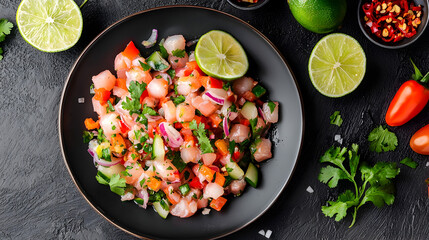 Fresh ceviche served on a black plate, garnished with lime halves and fresh herbs on a dark textured surface.