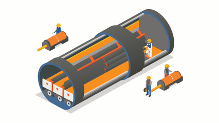 Isometric illustration of workers constructing a tunnel with machinery and interior supports shown