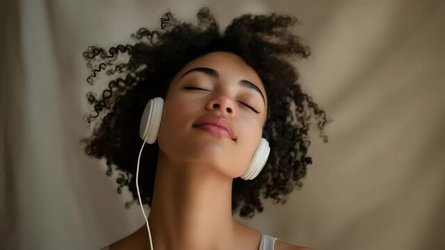 A person with curly hair wearing headphones, eyes closed, enjoying music or a moment of tranquility.