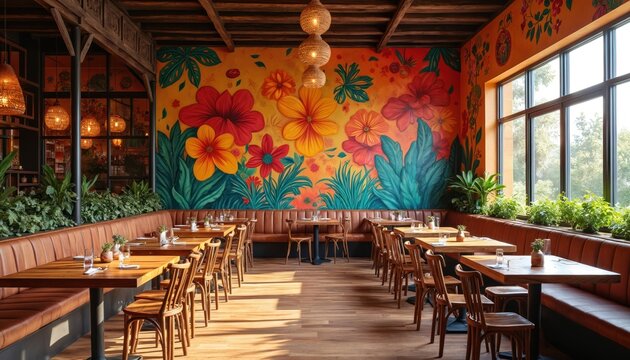 Vibrant restaurant interior with colorful floral mural. Wooden tables, chairs, warm lighting create welcoming atmosphere. Eclectic decor, modern design, sunny dining space with windows full of green