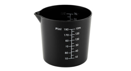 Black plastic measuring cup with white measurement markings and pouring spout.