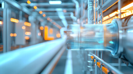 A digital mesh overlay highlights a machine part in a futuristic industrial setting, emphasizing advanced technology and automation.