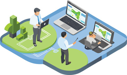 Isometric view of team collaboration on project with laptops and design elements shown in the scene here