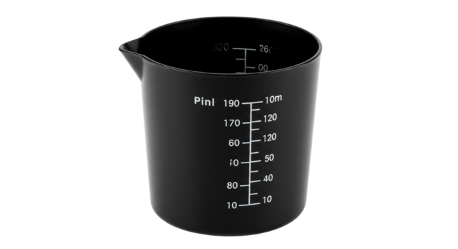 Black plastic measuring cup with white measurement markings and pouring spout.