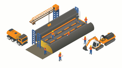 Isometric view of construction site featuring tunnel, crane, trucks, and construction workers shown