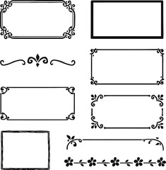 Solid black silhouette vector set of decorative borders on a clean white background. Includes ornate vintage frames, simple geometric dividers, floral line art edges, corner ornaments, and hand-drawn 