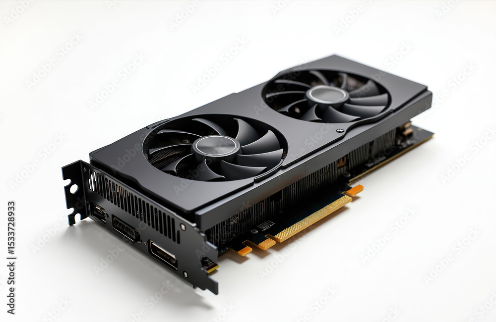 Fototapete Modern graphic card isolated white background. High-end GPU designed for gaming, video editing. Desktop computer hardware for demanding tasks. Tech gadget, component, digital device for PC.