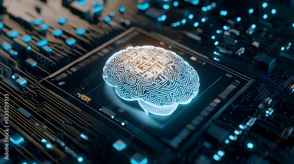 Poster a digital brain illuminated on a microchip, symbolizing artificial intelligence and advanced computi