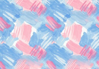 Seamless pattern of pink and blue watercolor brush strokes on a white background for a textile design