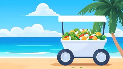 A beachside cart filled with fresh vegetables stands near a palm tree under a clear blue sky and fluffy clouds by the ocean.