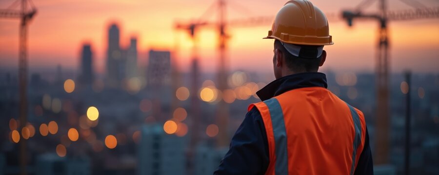 Construction supervisor observes construction site at dusk. City lights in background. Engineer wearing orange safety vest, yellow helmet, oversee project progress. Industrial cranes, cityscape.