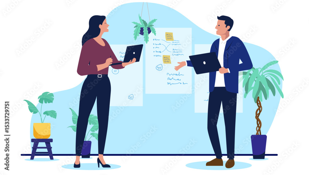 Poster Man and woman with laptops talking and collaborating in a modern office, discussing business strategy or project development. Flat design vector illustration