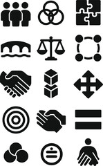 A symbolic black silhouette icon set on a white background, representing community, diversity, collaboration, inclusion, teamwork, justice, equality, partnership, connection, and unity. 