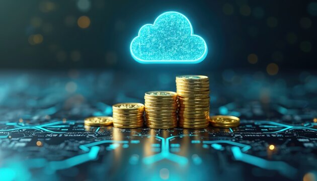 Cloud computing cost efficiency concept. Gold coins stack with cloud symbol, representing savings, resource optimization, technology, business, finance, investment. Digital transformation, modern