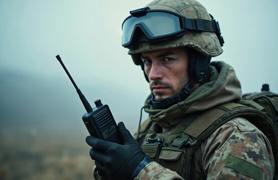 Armed soldier in camouflage uniform holds radio communication device. Military man with portable transceiver transmits signal. Tactical gear, headset, protective glasses. Portrait of commander, - Powered by Adobe