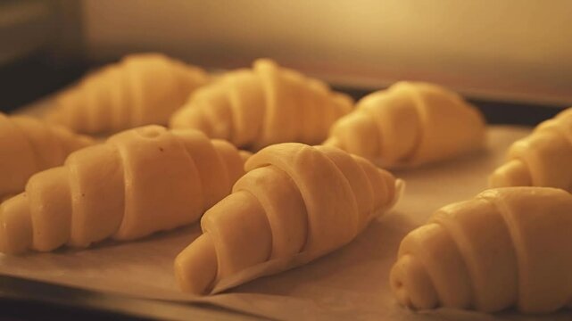 Close-up shot of raw croissants baking in the oven. Beautiful warm lighting, soft focus, and rich texture create a mouthwatering visual. Captured in high-resolution 4K 60fps super slow motion.