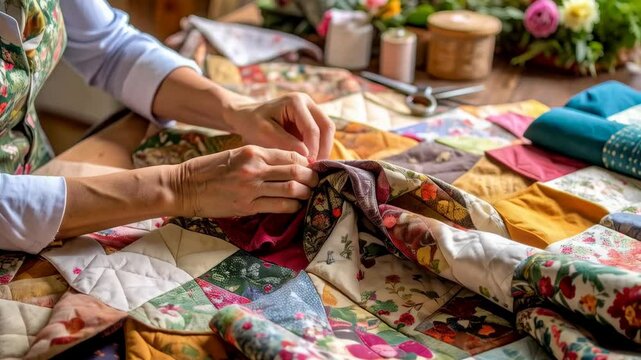Hands carefully sewing colorful patchwork quilt on wooden table with sewing accessories and flowers creating handmade fabric design