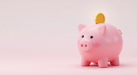 3D piggy bank with glowing gold coins, gradient pastel background from soft pink to white
