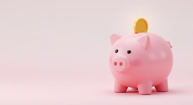 3D piggy bank with glowing gold coins, gradient pastel background from soft pink to white - Powered by Adobe