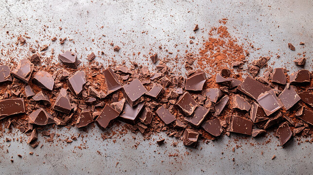 Indulge in decadence A tempting array of rich dark chocolate chunks and cocoa powder scattered on a rustic surface with