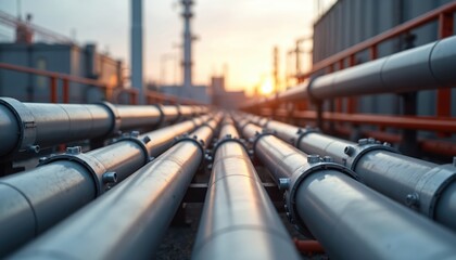 District heating pipes at sunset. Industrial infrastructure for heat distribution. Pipelines transport thermal energy for power, warmth to homes. Energy efficiency, environmental conservation.