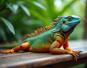 Fototapeta premium Green iguana, also known as American iguana, rests on wooden bench with bright blue head and orange body. Tropical lizard portrait with green leaves background. Exotic reptile, wildlife.
