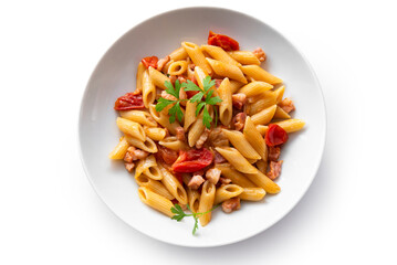 Mezze penne con pancetta e pomodorini, pasta italiana 