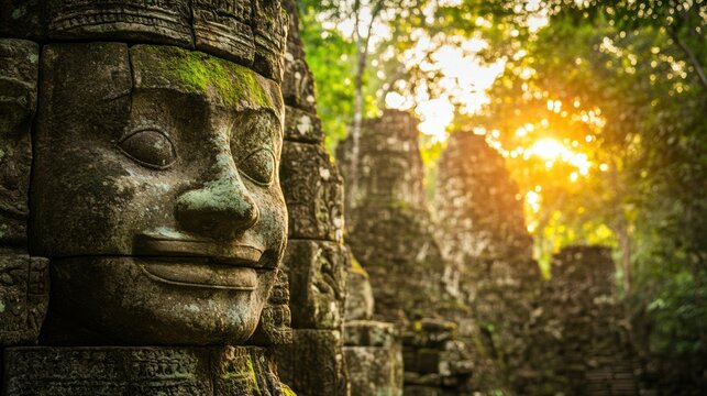 A tranquil stone Buddha face peeks out from mossy temple ruins at sunrise, radiating peace