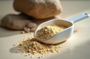 Sport food supplement powder in white scoop on beige table background. Sport nutrition concept. Creatine, protein bcaa powder near scoop. Healthy lifestyle concept. Sport supplement for gym workout.