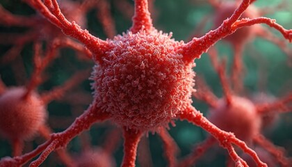 Microscopic image of red cell structure with mesh-like network. Illustration shows blood cells, fibrin, clotting, coagulation processes. Medical, scientific, biology, health care, healthcare concepts