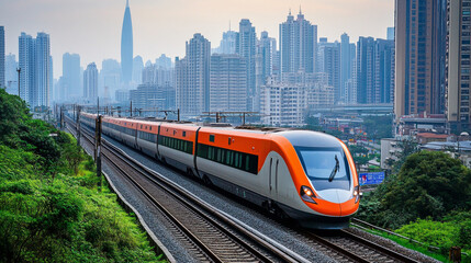 Naklejka premium A sleek orange bullet train slicing through lush greenery with a modern cityscape backdrop symbolizing urban