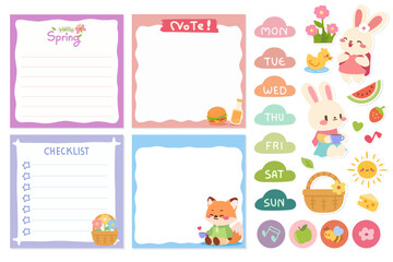 Cute Spring Memo Pad, Weekly Planner Sticker Set with Bunny and Fox. Kawaii Notes, Checklist, and Printable Stationery Elements.