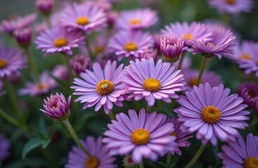 Obraz premium Close-up shot of New England aster flowers in full bloom. Beautiful purple flowers with yellow centers thriving during fall in garden park. Perennial plants with foliage, perfect botanical