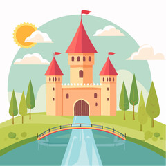 Fototapeta premium Medieval old gothic castle with a bridge, trees and village in the background