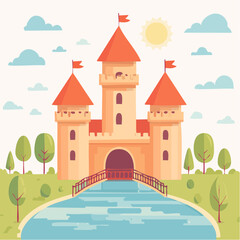 Medieval old gothic castle with a bridge, trees and village in the background