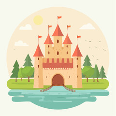 Medieval old gothic castle with a bridge, trees and village in the background