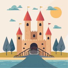 Naklejka premium Medieval old gothic castle with a bridge, trees and village in the background