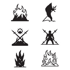 Black silhouettes of tribal warriors with flames and spear weapons against white background