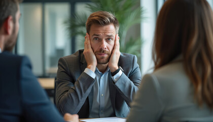 Anxious candidate faces difficult job interview questions. Man holds hands near ears. Corporate meeting in modern office. Stressful evaluation process, tense atmosphere. Recruiting, hiring,