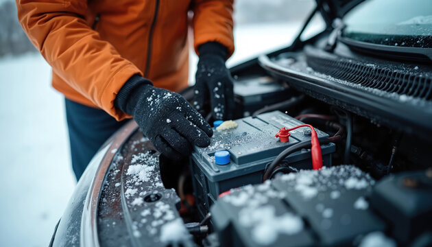 Car owner inspects car battery under hood during winter check. Man in warm clothes wearing gloves, checks condition. Snow gently falls. Vehicle battery servicing maintenance.