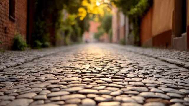 Charming cobblestone path in soft golden light.