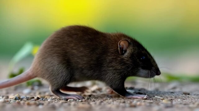 A small brown mammal with a pointed snout, resembling a mouse or shrew, foraging on the ground among pebbles and greenery.