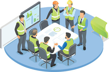 Isometric view of construction workers in safety vests meeting around a table in a modern office setting