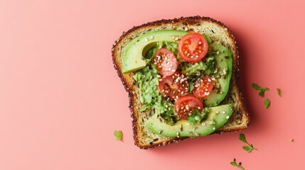 Delicious avocado toast topped with fresh tomatoes and sesame seeds. A vibrant and healthy breakfast or snack option.