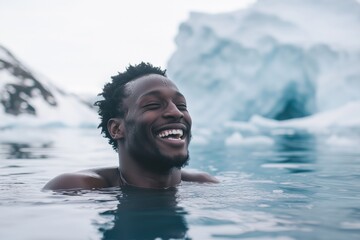 Joyful Black man enjoying a refreshing plunge into a glacial lake with striking ice formations in the background during a sunny day