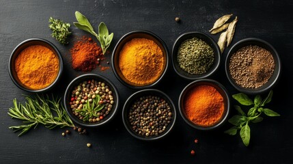 Aromatic spices and herbs in small bowls arranged on a dark surface.  A vibrant mix of colors and textures.