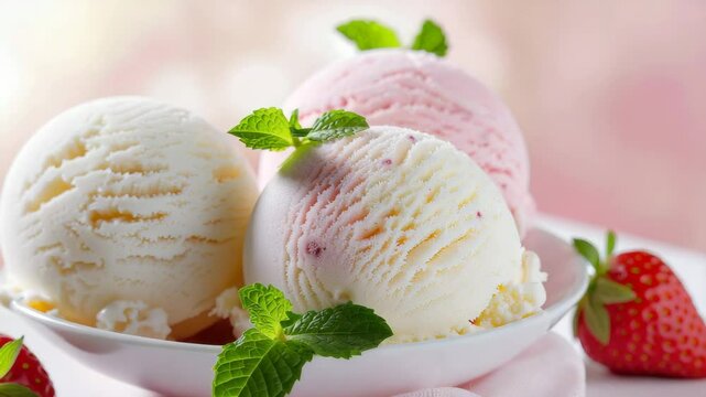 Delicious ice cream with fresh strawberries.