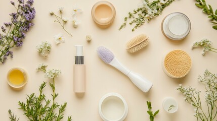 Flatlay of skincare products and beauty tools arranged on a beige background with fresh flowers.  A calming and natural aesthetic.