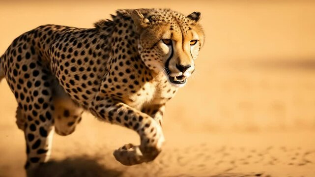 Dynamic low-angle shot of a cheetah running across a savannah, capturing its speed and grace, ideal for a wildlife video theme.