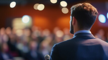 A male speaker addresses a blurred audience at a conference or event. The warm lighting and the speaker's back create a feeling of professionalism and engagement.